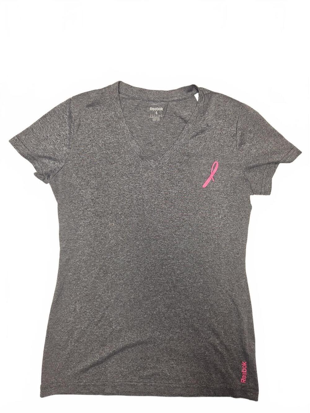 Reebok PlayDry Heather Grey V-Neck Athletic Tee Pink Ribbon Womens Size S